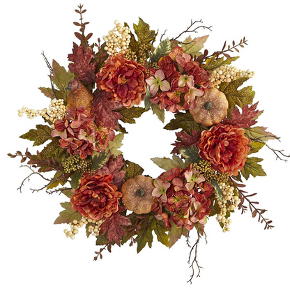 24” Peony, Hydrangea and Pumpkin Fall Artificial Wreath