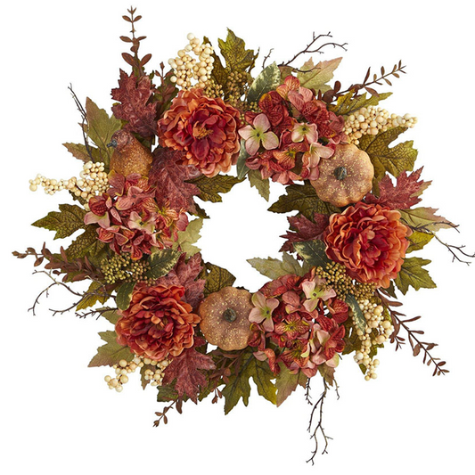 24” Peony, Hydrangea and Pumpkin Fall Artificial Wreath